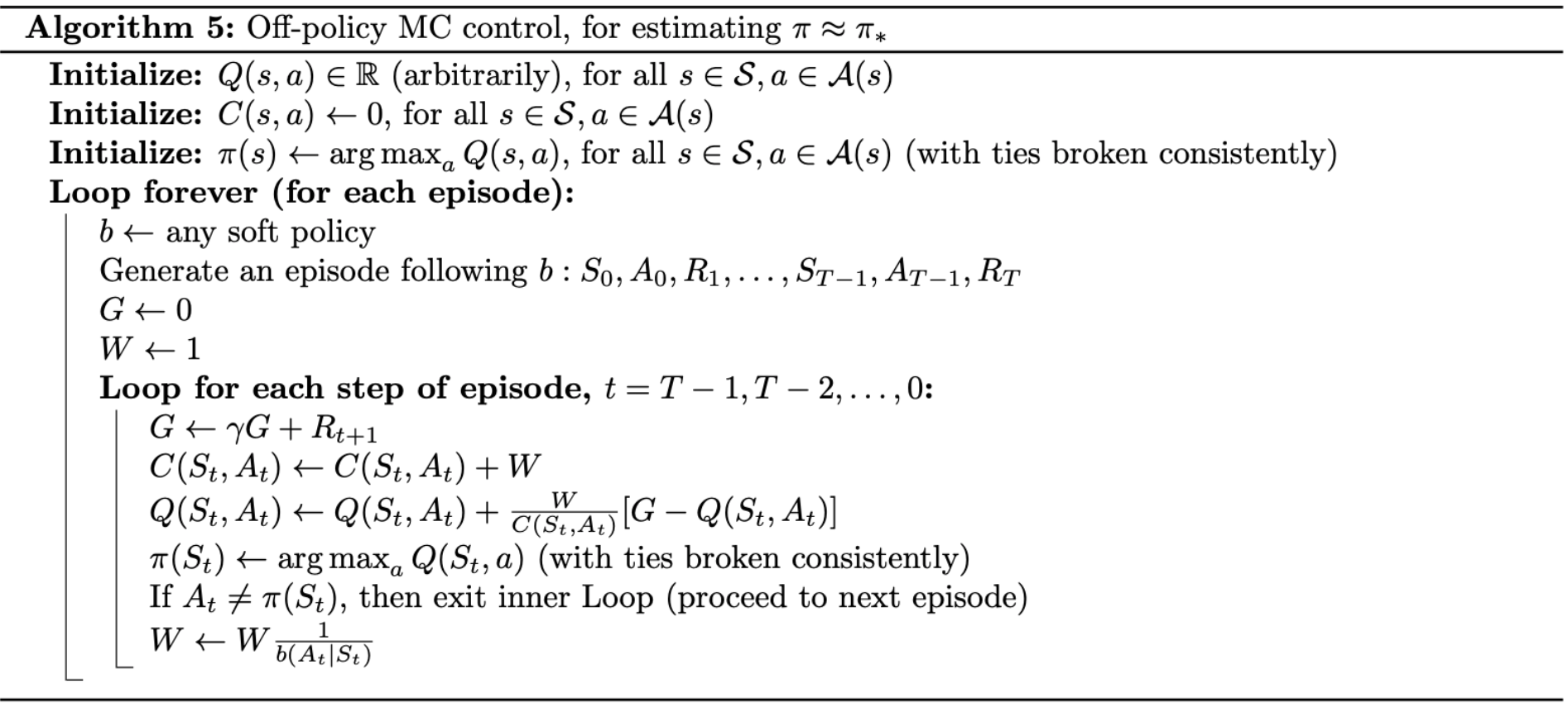 off-policy MC control pseudocode