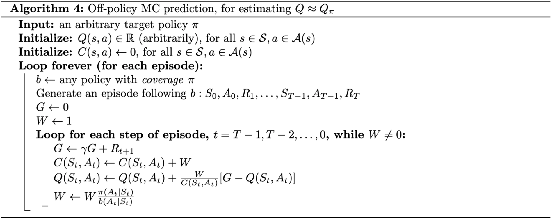 off-policy MC prediction pseudocode